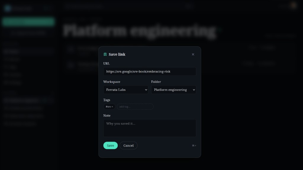 Save link dialog: URL, workspace and folder pickers, tags, and note field before saving.