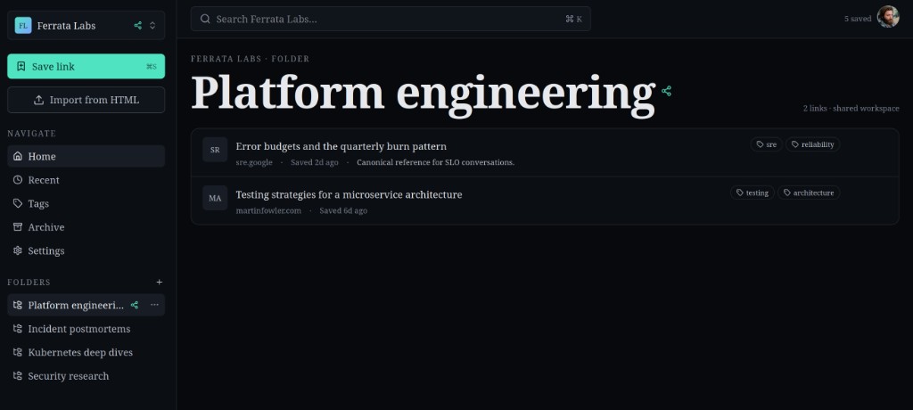 not24get workspace: sidebar with Save link, folders, and a list of saved engineering bookmarks with tags.
